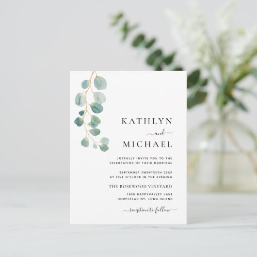 Invitation Carte Postale QR Code tout en un Mariage vert Eucalyptus moderne (Debout devant)