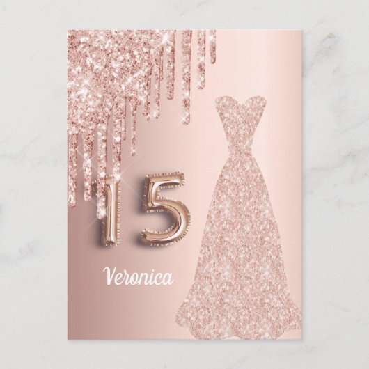 Invitation Carte Postale Quinceanera 15e anniversaire rose or parties scint (Devant)
