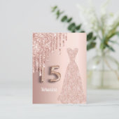 Invitation Carte Postale Quinceanera 15e anniversaire rose or parties scint (Debout devant)