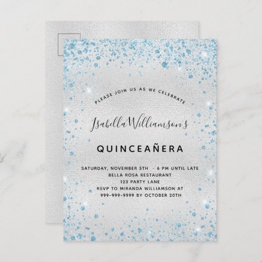 Invitation Carte Postale Quinceanera argent bleu parties scintillant scinti (Devant / Derrière)