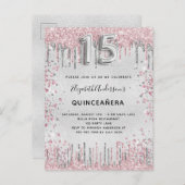 Invitation Carte Postale Quinceanera argent rose parties scintillant poussi (Devant / Derrière)
