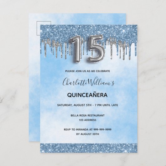 Invitation Carte Postale Quinceanera bleu parties scintillant argent élégan (Devant / Derrière)