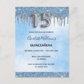 Invitation Carte Postale Quinceanera bleu parties scintillant argent élégan (Devant)