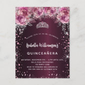 Invitation Carte Postale Quinceanera bordeaux tiara rose (Devant)