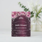 Invitation Carte Postale Quinceanera bordeaux tiara rose (Debout devant)