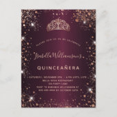 Invitation Carte Postale Quinceanera Bourgogne rose or parties scintillant (Devant)