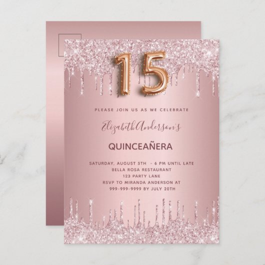 Invitation Carte Postale Quinceanera dusty rose parties scintillant goutte (Devant / Derrière)