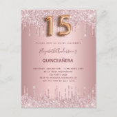 Invitation Carte Postale Quinceanera dusty rose parties scintillant goutte (Devant)