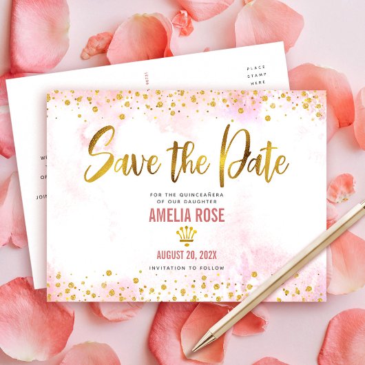 Invitation Carte Postale Quinceañera Enregistrer Date Blush Rose Aquarelle