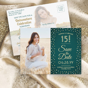 Invitation Carte Postale Quinceañera Enregistrer la date 2 Photo Vert et Or