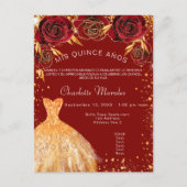 Invitation Carte Postale Quinceanera fleurs de robe rouge or (Devant)