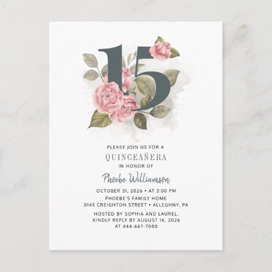Invitation Carte Postale Quinceanera Floral rustique 15e anniversaire (Devant)