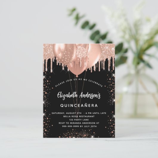 Invitation Carte Postale Quinceanera noir rose or ballons parties scintilla (Debout devant)