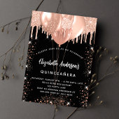 Invitation Carte Postale Quinceanera noir rose or ballons parties scintilla