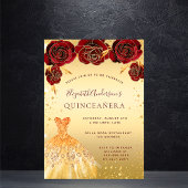 Invitation Carte Postale Quinceanera or rouge parties scintillant robe flor