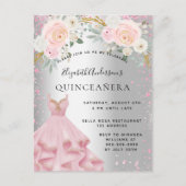 Invitation Carte Postale Quinceanera rose argent brillant robe glamour (Devant)