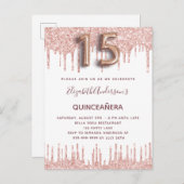 Invitation Carte Postale Quinceanera rose gouttes d'or rose (Devant / Derrière)