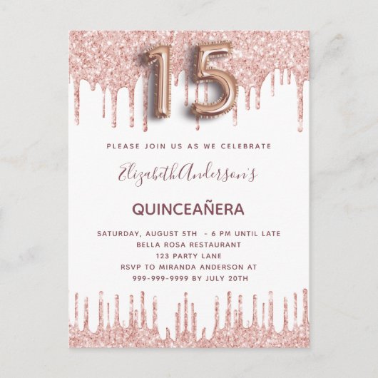 Invitation Carte Postale Quinceanera rose gouttes d'or rose (Devant)