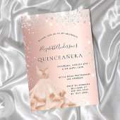 Invitation Carte Postale Quinceanera rose or argent parties scintillant rob