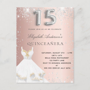 Invitation Carte Postale Quinceanera rose or argent robe éclatante