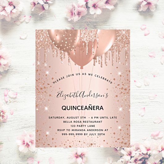Invitation Carte Postale Quinceanera rose or parties scintillant largue bal