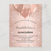 Invitation Carte Postale Quinceanera rose or parties scintillant largue bal (Devant)