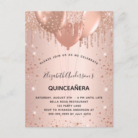 Invitation Carte Postale Quinceanera rose or parties scintillant largue bal (Devant)