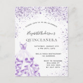 Invitation Carte Postale Quinceanera violet robe blanche parties scintillan (Devant)