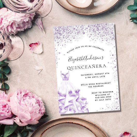 Invitation Carte Postale Quinceanera violet robe blanche parties scintillan