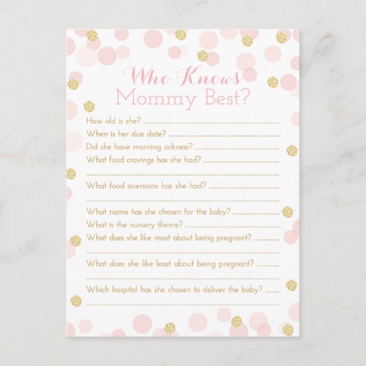 Invitation Carte Postale Quiz de la future maman Shower Pink Gold Dots (Devant)