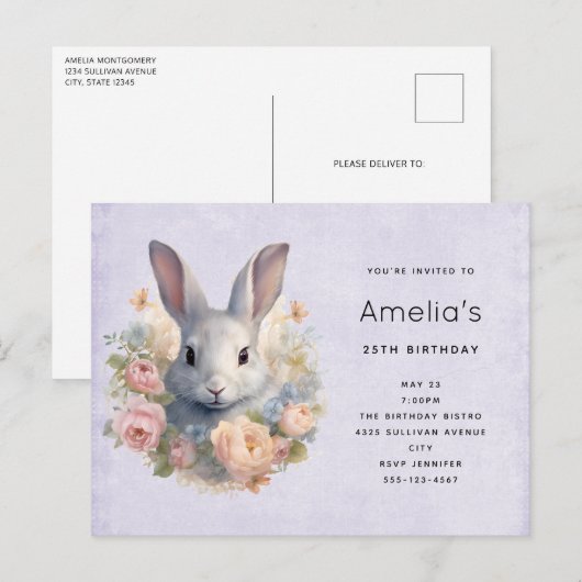 Invitation Carte Postale Rabbit Surrounded by Pastel Flowers Cute Birthday (Devant / Derrière)