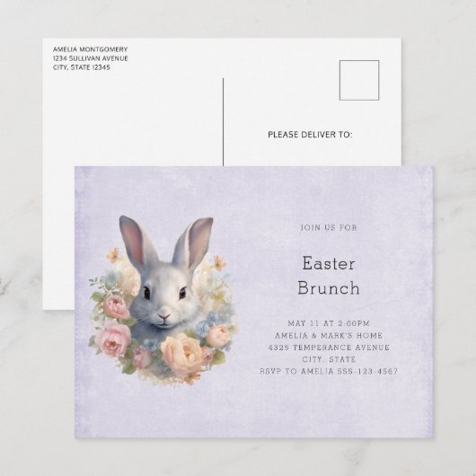 Invitation Carte Postale Rabbit Surrounded by Pastel Flowers Cute Easter (Devant / Derrière)