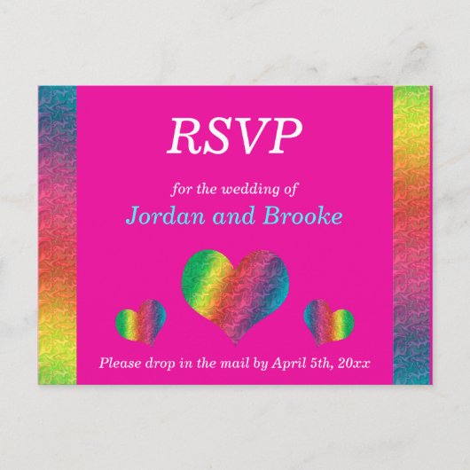 Invitation Carte Postale [Rainbow Crinkle Mariage] Coeurs RSVP Card Pink (Devant)