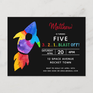 Invitation Carte Postale Rainbow Rocket Ship Exterspace Anniversaire