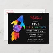 Invitation Carte Postale Rainbow Rocket Ship Exterspace Anniversaire (Devant / Derrière)