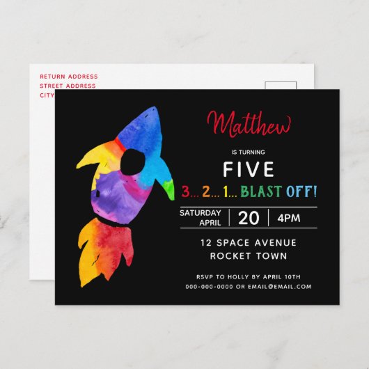 Invitation Carte Postale Rainbow Rocket Ship Exterspace Anniversaire (Devant / Derrière)