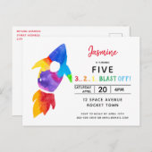 Invitation Carte Postale Rainbow Rocket Ship Exterspace Anniversaire (Devant / Derrière)