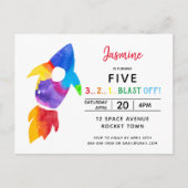 Invitation Carte Postale Rainbow Rocket Ship Exterspace Anniversaire (Devant)