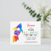 Invitation Carte Postale Rainbow Rocket Ship Exterspace Anniversaire (Debout devant)