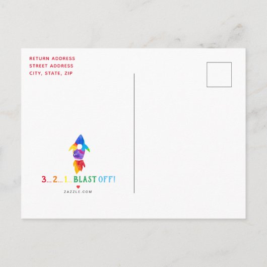 Invitation Carte Postale Rainbow Rocket Ship Exterspace Anniversaire (Dos)