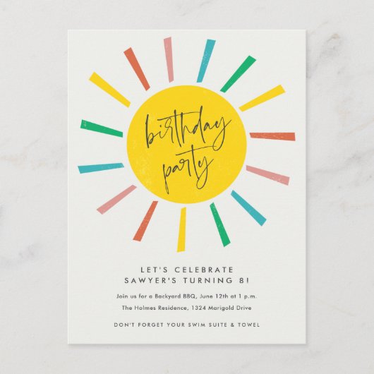 Invitation Carte Postale Rainbow Sun Script Anniversaire de enfant Party (Devant)