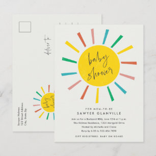 Invitation Carte Postale Rainbow Sun Script Baby shower moderne