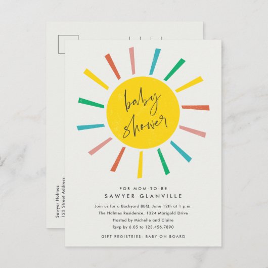 Invitation Carte Postale Rainbow Sun Script Baby shower moderne (Devant / Derrière)