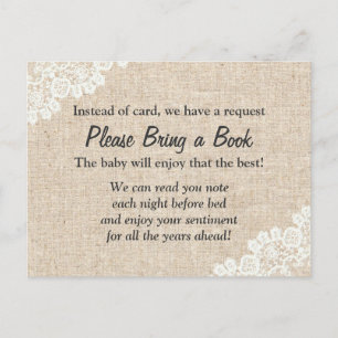 Invitation Carte Postale Ramenez un livre Baby shower de Burlap en dentelle