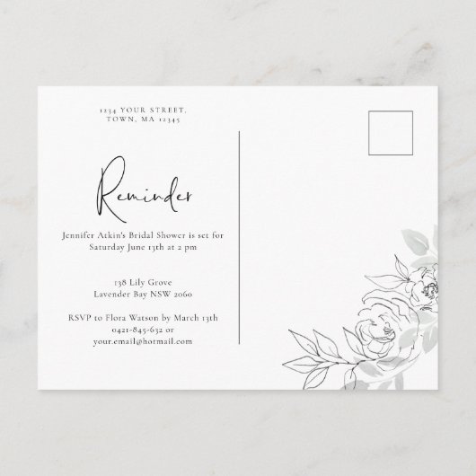 Invitation Carte Postale Rappel d'illustration florale botanique RSVP (Dos)
