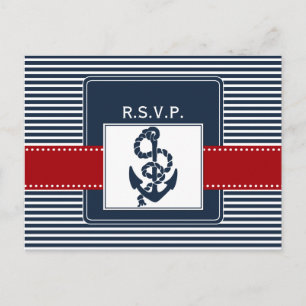 Invitation Carte Postale rayures de marine, ancre, mariage nautique rsvp