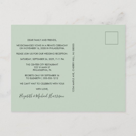 Invitation Carte Postale Réception De Mariage Vert De Sage Photo Chic (Dos)