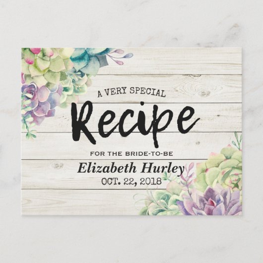 Invitation Carte Postale Recette de douche nuptiale Plantes succulentes Boi (Devant)