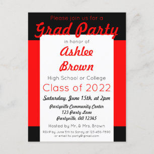 Invitation Carte Postale Red Black Bold Grad Party Grad