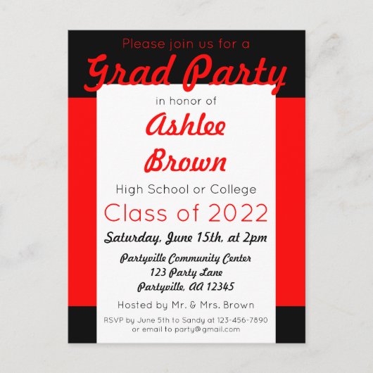 Invitation Carte Postale Red Black Bold Grad Party Grad (Devant)